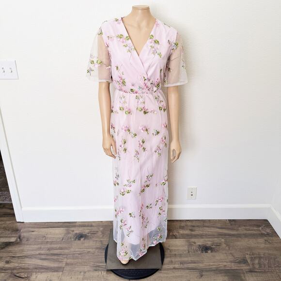 [Shein] Light Pink Floral Embroidered V-Neck Mesh Maxi Dress Wedding NEW Size XL - Picture 2 of 12